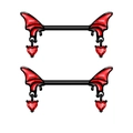 Pair of black devil wing nipple shields with dangling red heart-shaped zirconia stones - Heart Nipple Rings Pair 1.6x16mm