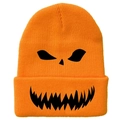 Detailed close-up of orange Halloween beanie featuring a black pumpkin face embroidery - Orange Pumpkin Monster Face Style (橙色-C)