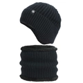 Men's winter knit beanie hat and neck warmer set in black with snowflake label - Black Zirconia Set