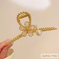 Golden alloy shark hair claw clip with crystal flower and hanging pearl, length 11cm - 3# Pearl Rhinestone Tassel