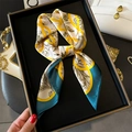 Silk-feel small square scarf with floral pattern and yellow lines tied in a bow - Green Border