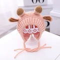 Pink knitted baby hat with bear ears and chin straps for warmth and wind protection - Pink Large Antlers - Lined
