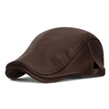 Deep brown leather newsboy cap with litchi texture and adjustable metal buckle - Dark Coffee