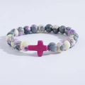 Beaded bracelet with gray purple yellow stone beads and a pink cross charm - Grey Purple Yellow Cross Bracelet