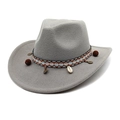 Detail of grey wool cowboy hat featuring bohemian beaded band and ethnic coin charms - M (56-58cm) / Light Gray