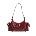 Retro burgundy red glossy patent leather crossbody bag with dual silver zipper detail - Red