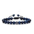 Details von blauem Tigerauge-Perlenarmband mit verstellbarer schwarzer Kordel und Metallzylinder - Blaues Tigerauge Stein