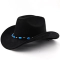 Detail of black felt cowboy hat featuring turquoise and silver bead chain trim decoration - Black