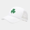 White mesh trucker hat with a green shamrock pattern and breathable snapback design - Adjustable / Solid White