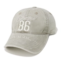 Close-up of Gorgeous 86 3D embroidery on washed khaki vintage baseball cap - Khaki