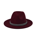 Close-up of burgundy wool fedora hat featuring a stylish gray matte chain decoration - Wine Red (13)