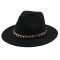 Detailed view of black wool fedora with a decorative chunky rose gold metal chain band - M (56-58cm) / Black (Black Chain Decor)
