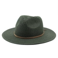 Detailed weave texture of dark green straw fedora hat with brown leather band accent - M (56-58cm) / Dark Green