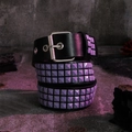 Detail of punk black leather belt with multiple rows of purple pyramid metal studs - Purple