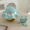 Close-up of mint green straw hat and bag set with white daisy embroidery for girls - Blue
