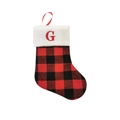 Red and black buffalo plaid Christmas stocking with white faux fur trim and letter G - Letter G