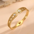18k vergulde klaver armband van titanium staal met parelmoer en zirkonia stenen - Goud Witte Schelp Klaver Diamant Stijl (H118)