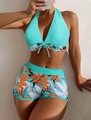 Detail of turquoise halter V-neck bikini top and tropical leaf print high waist boy shorts - S / Lake Blue