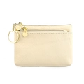 Compact beige genuine leather coin purse featuring gold key ring and heart pendants - Apricot