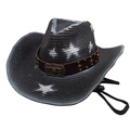 Black straw cowboy hat with longhorn metal buckle and studded leather band for outdoors - Black / M (56-58cm)