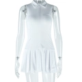 Detailed view of white sleeveless tennis dress featuring a polo collar and pleated hemline - S / White