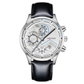 MREURIO men's fashion quartz watch with silver metal case and black leather strap - White Dial Silver Pointer Silver Case