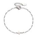Detail of silver stainless steel cross bracelet with white beads and lobster clasp closure - White