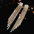 Sparkling silver long fringe tassel earrings with multi-row rhinestones for elegant look - Silver White Long Multi-row Tassel (DTE1616760GL-W)