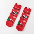 Red cotton Christmas socks with 3D pom-poms and Santa Claus holiday pattern - Red Santa Gift Scene (14)