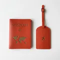 Orange lychee grain leather passport cover and luggage tag set with gold map embossing - Passport Holder + Luggage Tag / Orange Set