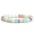 Close-up of matte beaded bracelet with tiger eye stones and a silver textured spacer bead - Amazonite