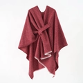 Solid red cashmere-like shawl poncho with tassel fringe and elegant front knot design - Red