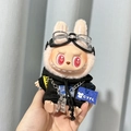 Labubu plush doll accessory wearing black hoodie with goggles and metal chain accessory - Wilderness Flight / First And Second Generation Keychains Are Compatible With La Cloth Dolls. Dolls Not Included.