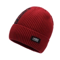 Thick red knitted winter beanie for men featuring vertical rib texture and logo patch - Red