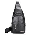 Classic black PU leather men's chest bag with multiple zipper pockets and headphone port - 920 Black