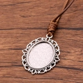 Antique silver oval pendant tray with brown PU leather cord for jewelry making - Oval Vintage Pattern Style