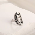 Minimalist silver-toned adjustable ring featuring concentric black enamel oval details - Adjustable Open / Steel Color Oval Black