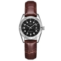 Men's quartz watch with black dial, crystal indices, and brown leather strap - Brown Strap Silver Case Black Dial Women's