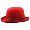Detail of red wool bowler hat with brown leather belt trim and metal rivet hardware - M(56-60CM) Adjustable / Red