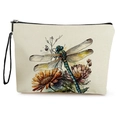 Pochette trucchi in tela crema con stampa a libellula e fiori, cerniera nera e manico - Libellula Floreale Arancione e Marrone (Stile 3)