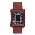 Mens square wooden watch with dark red wood grain and brown leather strap - Red Sandalwood