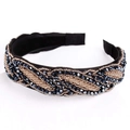 Elegant black velvet headband with navy faceted beads and gold seed bead weaving - Beadwork Woven Pattern (Series 14-2)