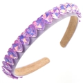 Elegant purple satin headband with shimmering heart-shaped AB crystals on white background - Purple