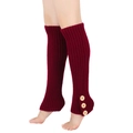 Detail view of burgundy knitted leg warmers with vertical ribs and three wooden buttons - One Size / Burgundy
