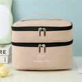 Beige zweischichtige Kosmetiktasche aus Kationik-Stoff mit Tragegriff und Reiseslogan - Beige