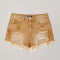 Pantaloncini in denim marrone vintage con fori consumati, orli sfilacciati e schizzi - XS / Marrone Selvaggio