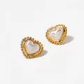 Golden heart stud earrings featuring beaded edges and white pearlescent inlay detail - Gold Heart Style (D2739)