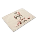 Cotton linen Christmas placemat with red plaid reindeer and Feliz Navidad print - Beige Plaid Reindeer Feliz