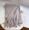 Maillard grey-purple plaid scarf with long fringes and soft fleece texture - Solid Grey