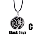 Silver tree of life necklace with black onyx pendant and owl detail on leather cord - Tree of Life Owl